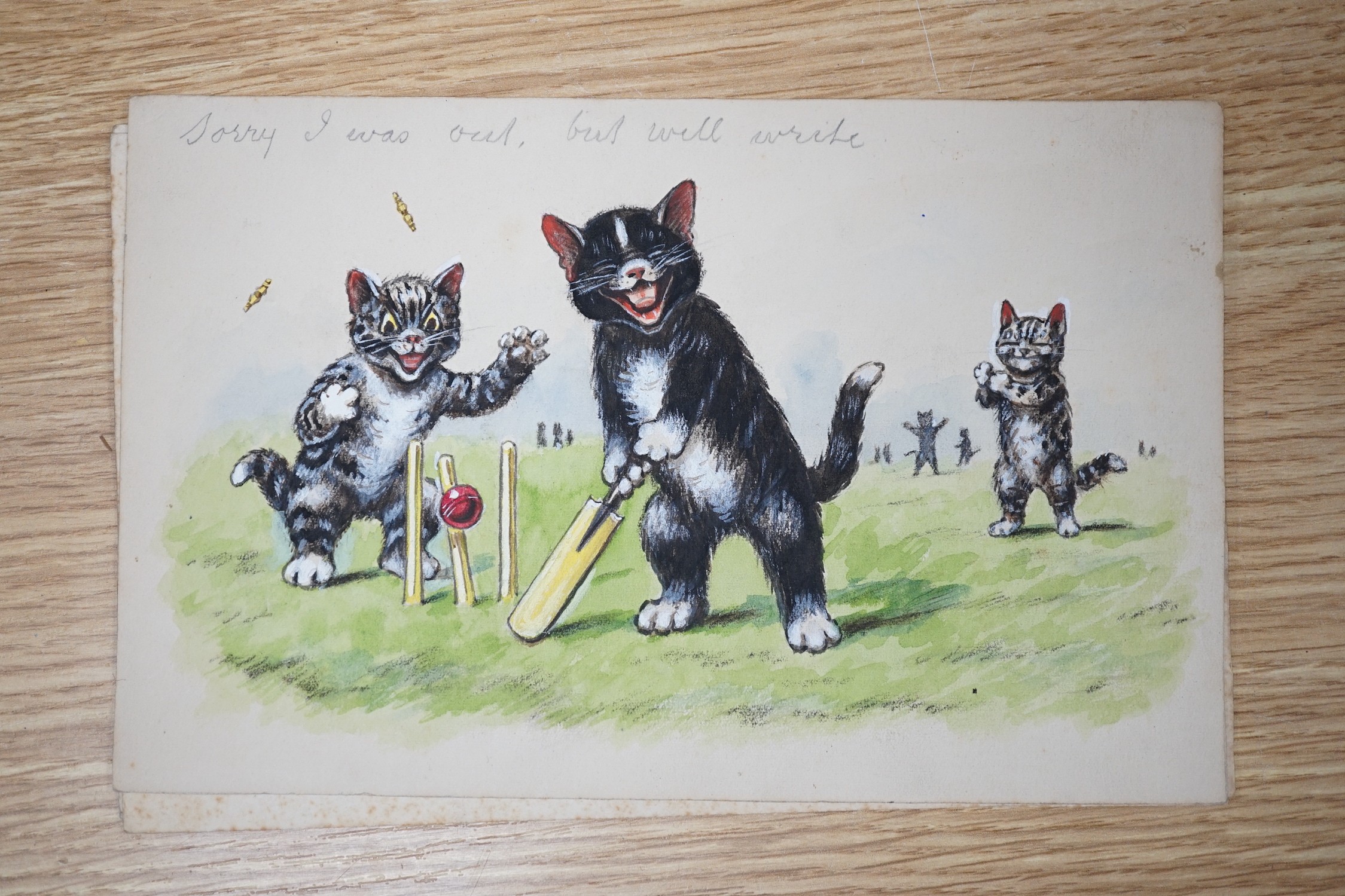 William Henry Ellam, set of six original watercolour artworks for postcards, Humorous sporting cats, 14 x 23cm, unframed